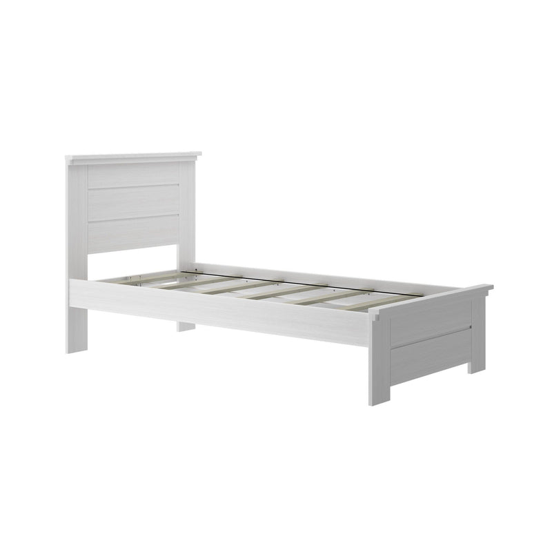 White wooden slatted platform bed frame with paneled headboard and low footboard, modern minimalist bedroom furniture