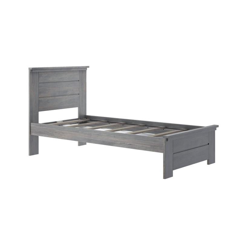 Gray wooden platform bed frame with paneled headboard and slatted mattress support in modern farmhouse style