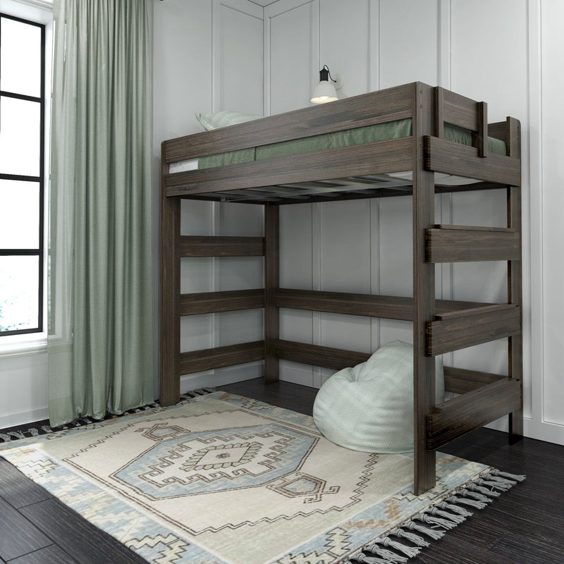 Dark wood loft bunk bed in a modern farmhouse bedroom with sage green curtains, patterned area rug, bean bag and wall sconce