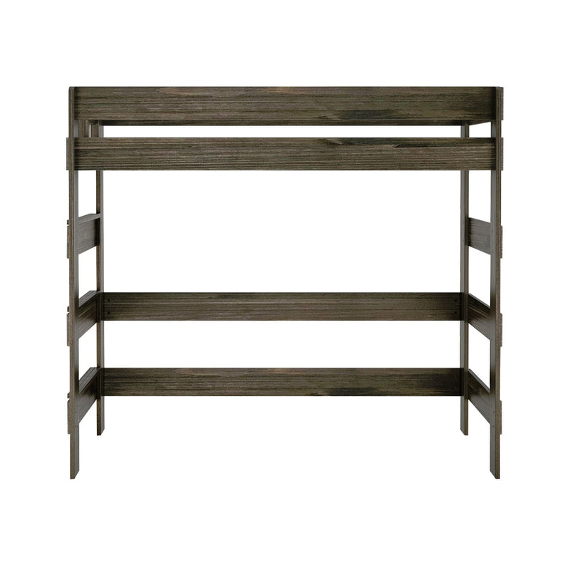 Rustic gray wood bunk bed frame with safety rails and ladder, twin-over-twin loft bed in distressed finish
