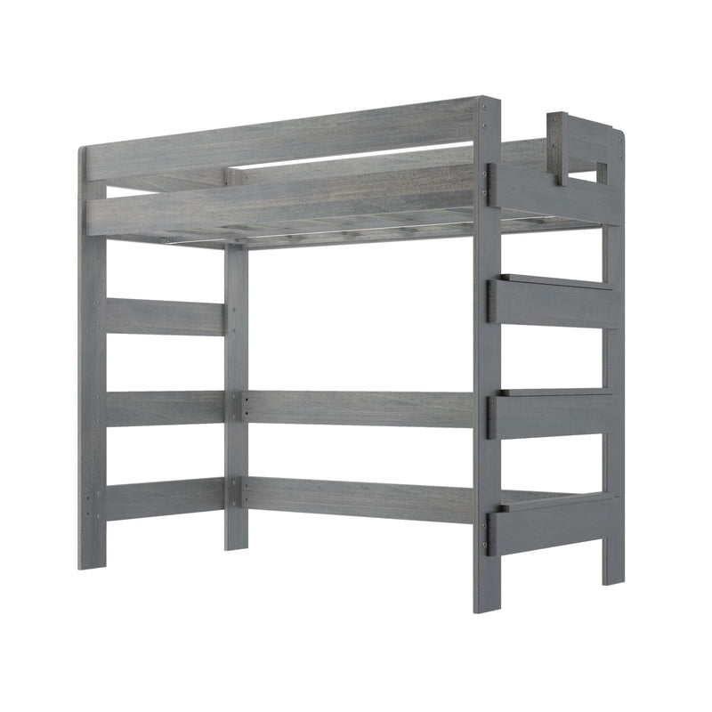 Distressed gray wooden twin loft bed frame with top guardrail, slatted mattress supports, and ladder-style side panels