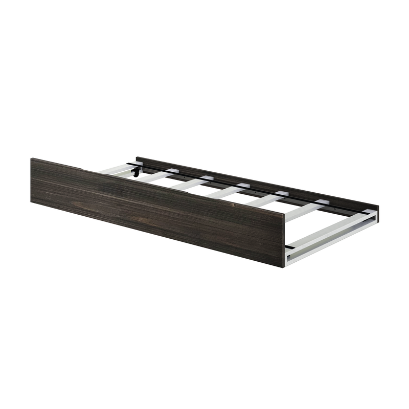 Under-bed storage drawer with dark wood front, white slatted base and metal frame for bedroom organization