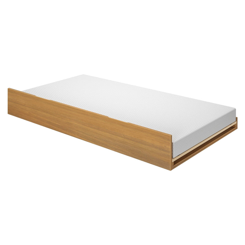 Minimalist oak platform bed frame with low-profile base and white mattress, twin-size modern wooden bedroom furniture