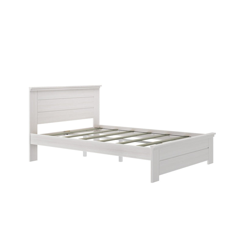White wooden platform bed frame with slatted headboard and exposed wooden slats, modern farmhouse bedroom furniture