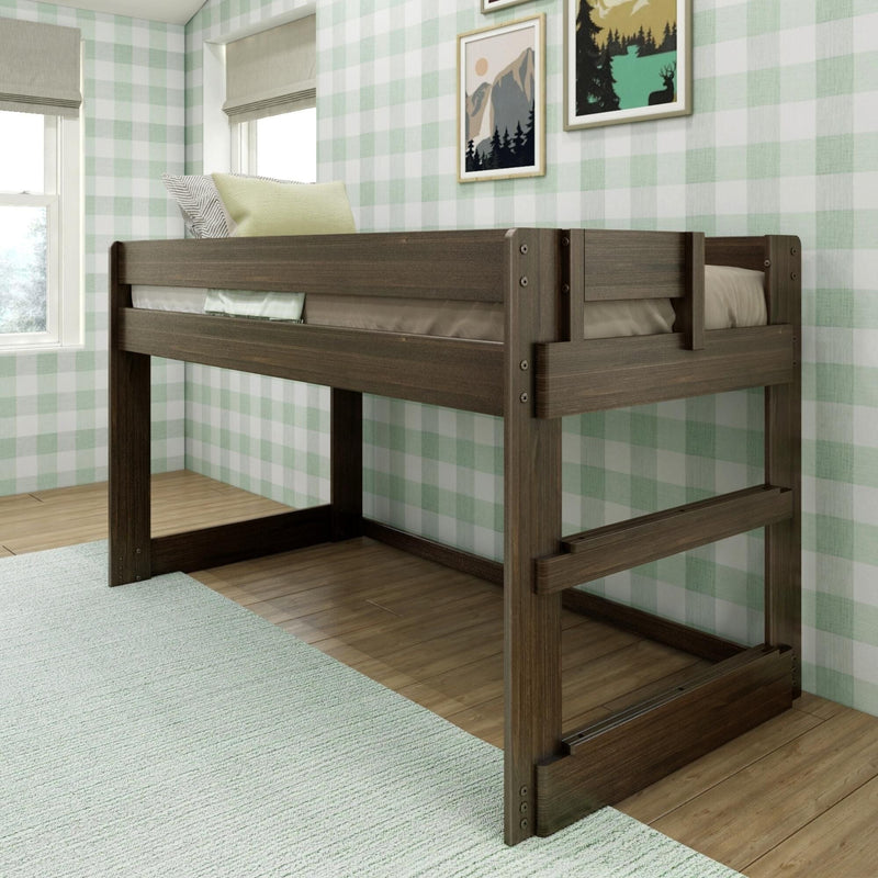 Twin wooden loft bed in children's bedroom with mint green buffalo-check wallpaper, nature wall art, roman shades and light hardwood floor