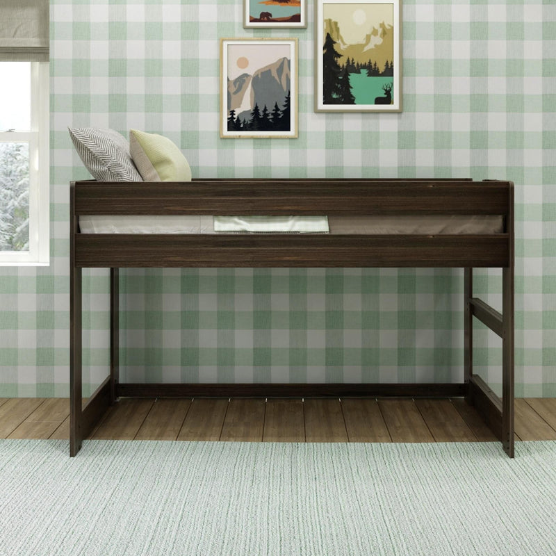 Wooden loft bed in kids' bedroom with mint green buffalo-check wallpaper, decorative pillows, framed nature prints and bright window light