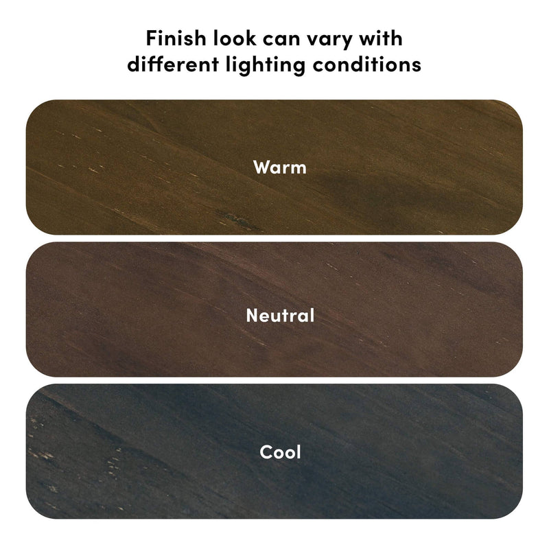 Wood floor finish sample swatches labeled “Warm,” “Neutral,” and “Cool” showing how wood stain color and tone vary under different lighting conditions