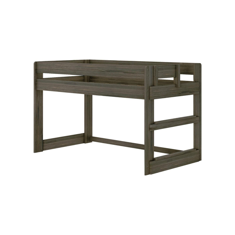 Rustic gray-brown wood twin loft bed frame with upper guardrail and integrated ladder-style supports, space-saving bunk bed design on white background
