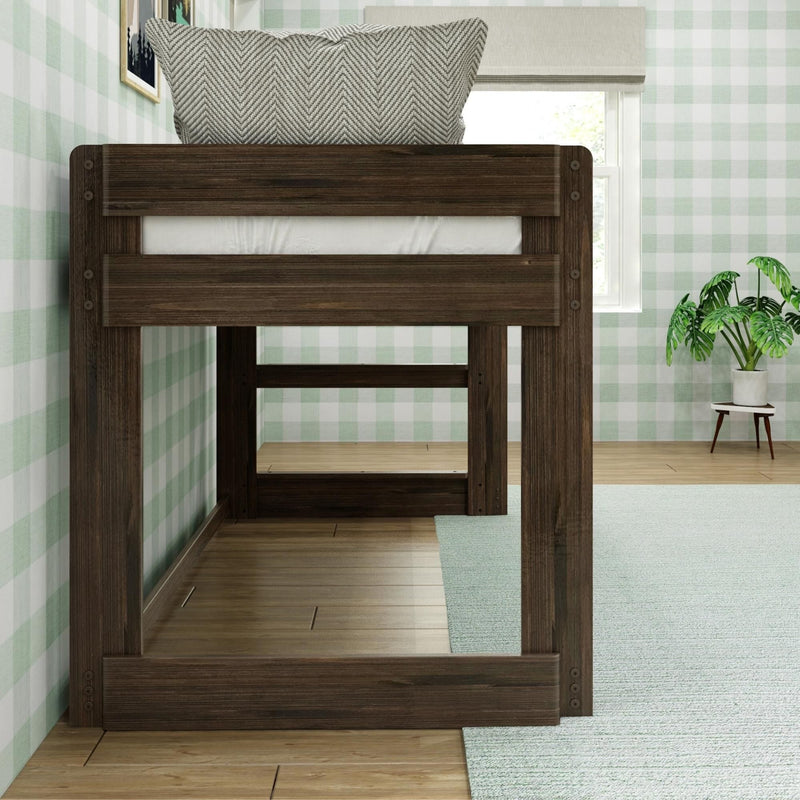 Dark wood loft bed frame with chevron pillow in a children's room with mint-green gingham wallpaper, window and potted plant