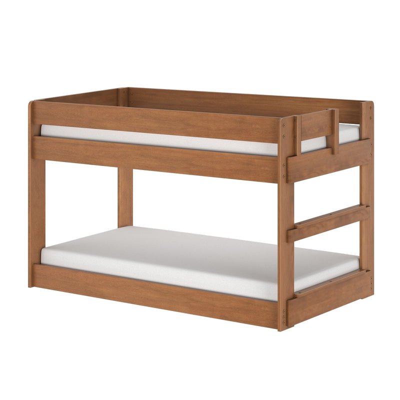Solid wood twin-over-twin bunk bed with safety guardrails and white mattresses, natural finish space-saving loft frame for kids' bedroom