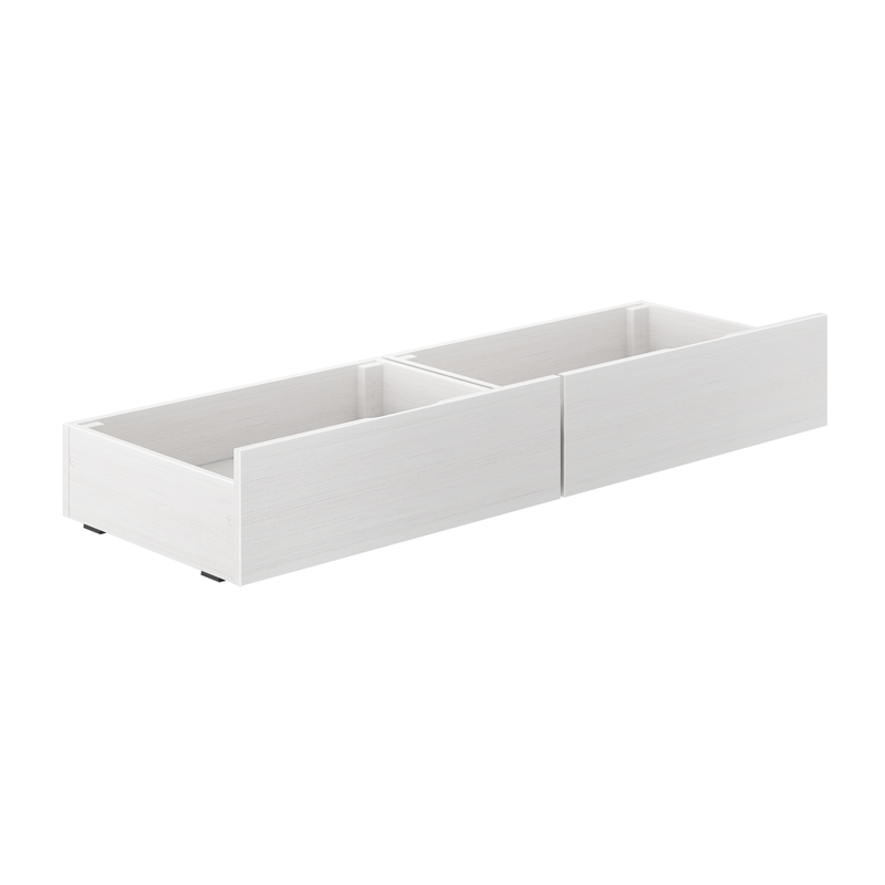 White wooden under-bed storage drawers with internal dividers on white background, minimalist bedroom storage organizer