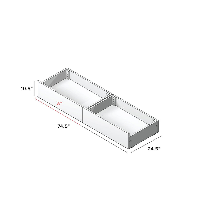 White under-bed storage drawers with center divider, pair of rolling bed drawers measuring 74.5 in L x 24.5 in D x 10.5 in H (each drawer 37 in), ideal for bedroom organization and extra storage