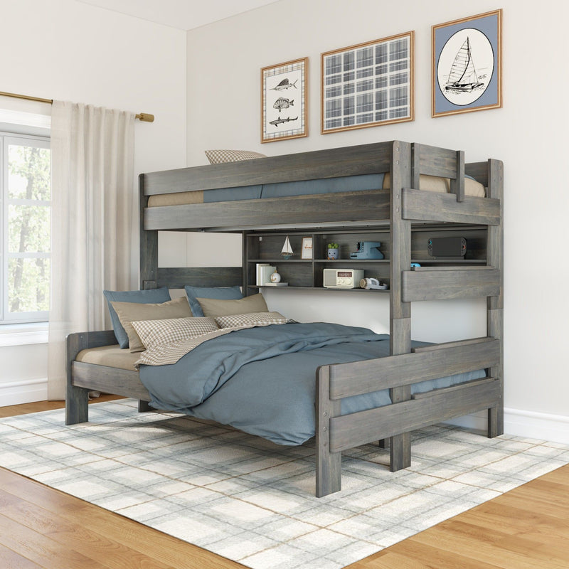 Modern Farmhouse Twin XL Over Queen Bunk Bed With Bookshelf