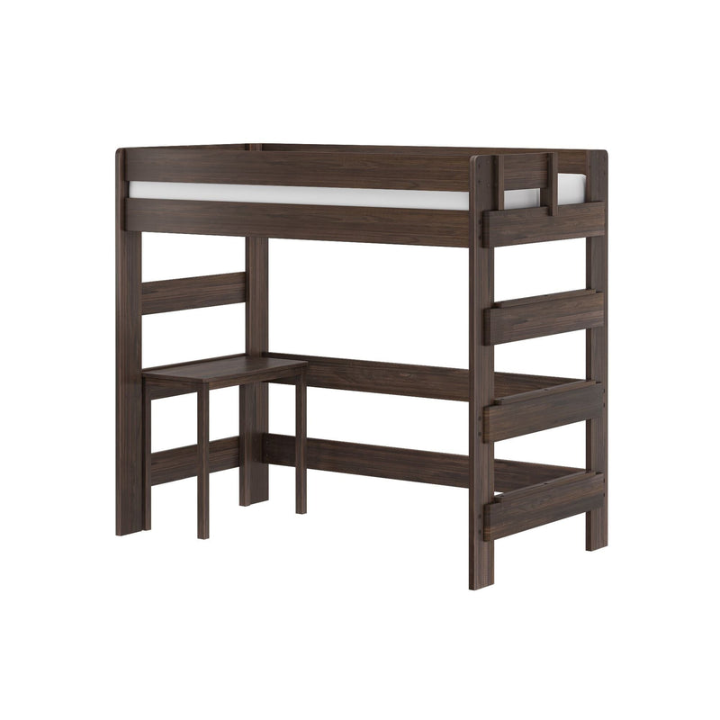 Dark walnut wooden loft bed with upper guardrail, integrated ladder and space-saving design