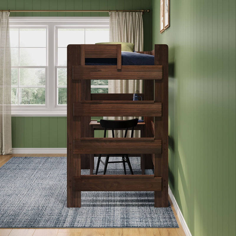 Loft bed with built-in desk and chair, dark walnut finish in green paneled kids' bedroom with navy bedding, large window and sheer curtains