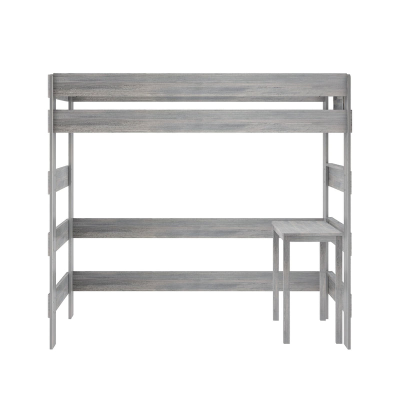 Weathered gray wooden twin-over-twin bunk bed with ladder and built-in study desk, space-saving modern farmhouse design for kids' bedrooms