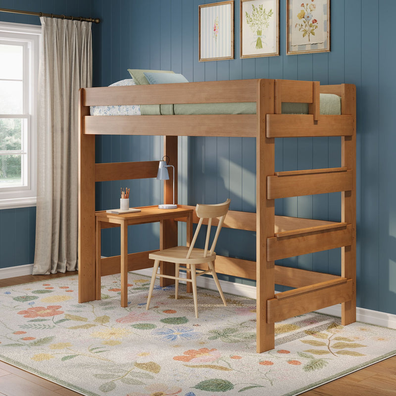 Natural wood loft bed with built-in study desk and chair in a kids' bedroom featuring blue paneled wall, floral area rug and window curtains
