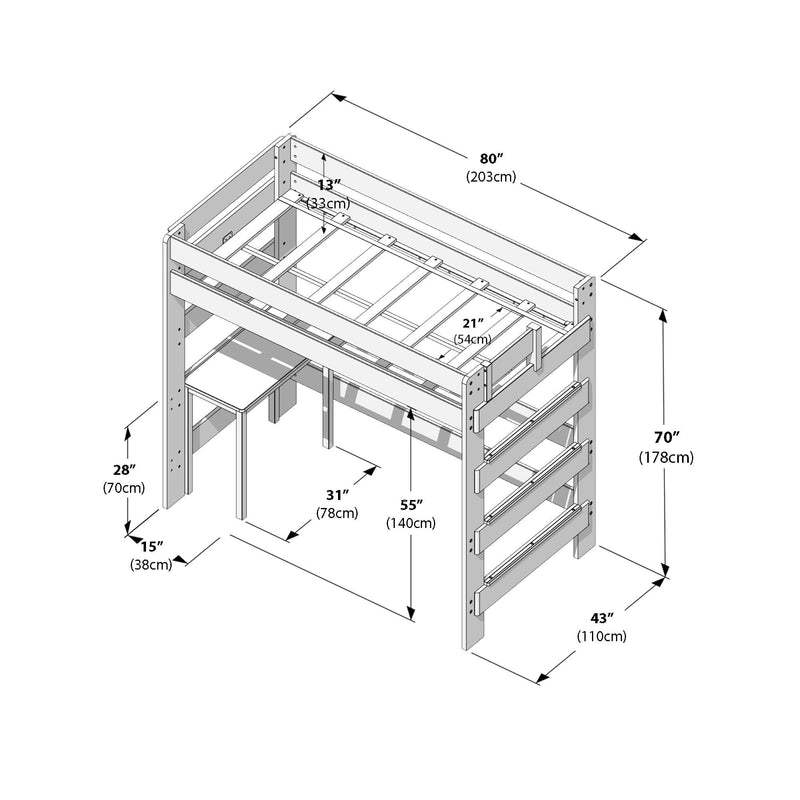 Wooden twin loft bed assembly diagram with built-in desk and ladder, space-saving bunk-style bed shown with labeled dimensions in inches and centimeters