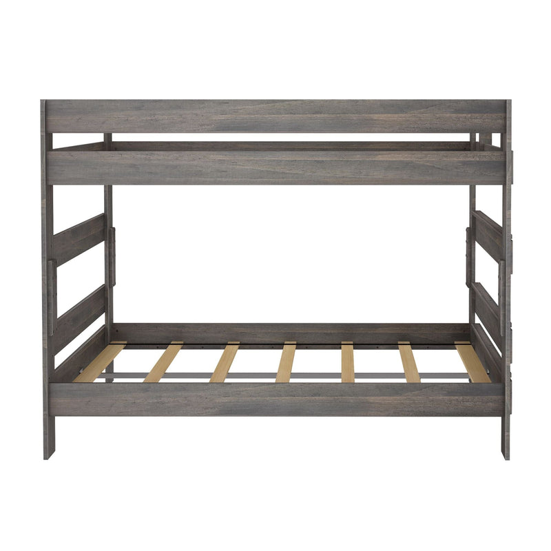Gray wooden twin-over-twin bunk bed frame with slatted mattress supports, safety rails and rustic farmhouse finish