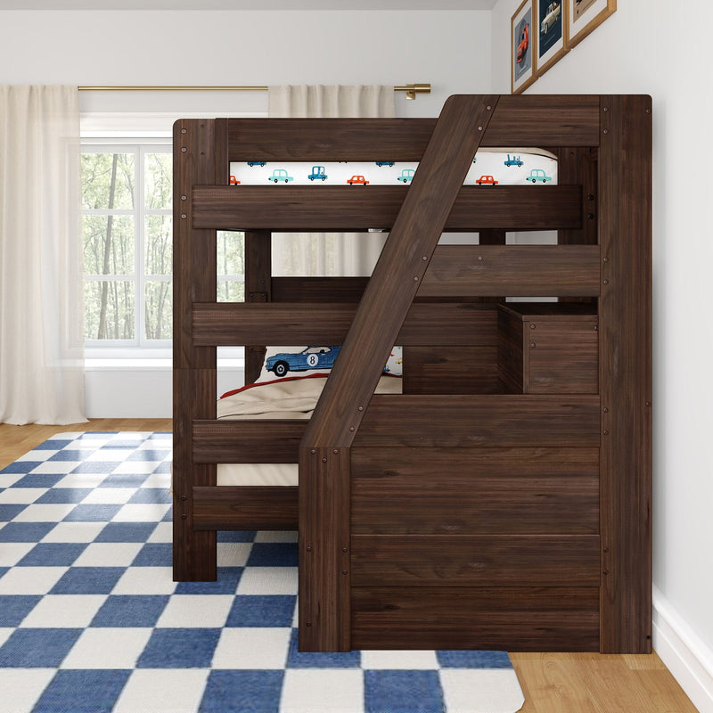 Dark wood kids loft bunk bed with angled ladder, car-print bedding, blue checkered rug and window with sheer curtains in a modern children's bedroom