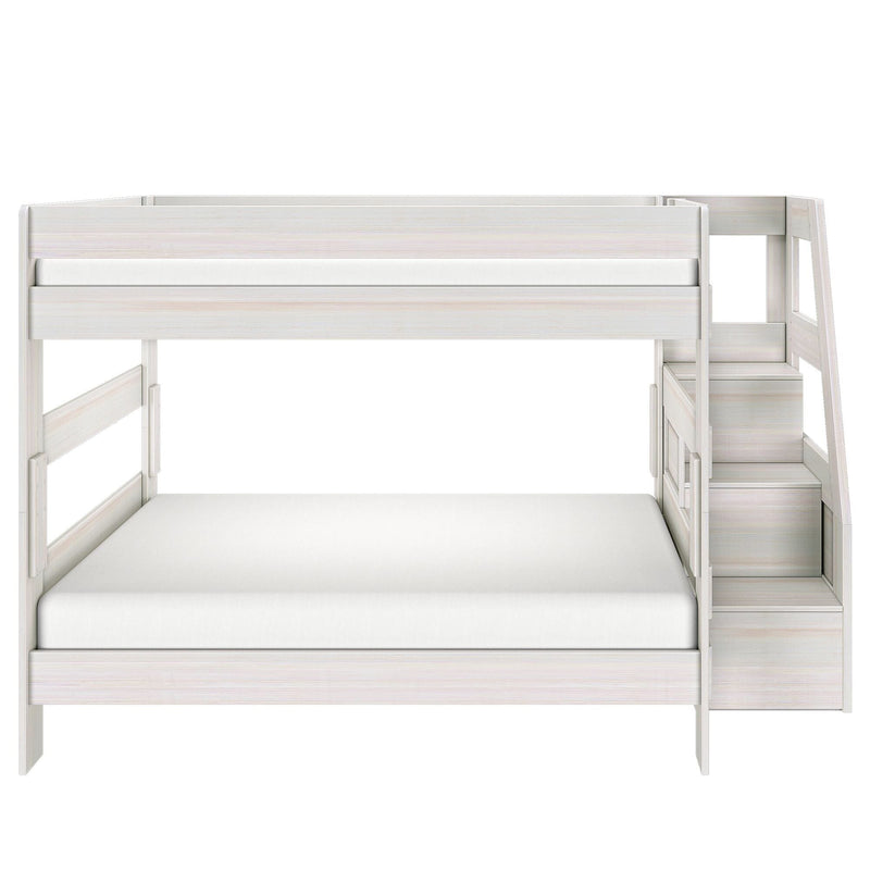 Whitewashed wooden loft bunk bed with built-in staircase and guardrails, full-size lower bed for kids