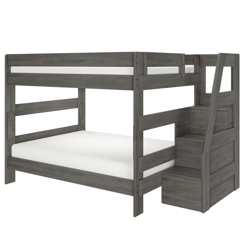 Twin-over-full gray wood bunk bed with integrated staircase storage and ladder, modern farmhouse bedroom furniture