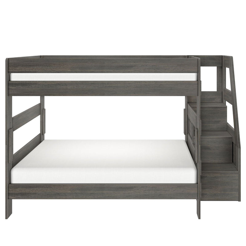 Gray weathered wood twin-over-full loft bunk bed with integrated staircase and safety rails, modern space-saving kids bedroom furniture