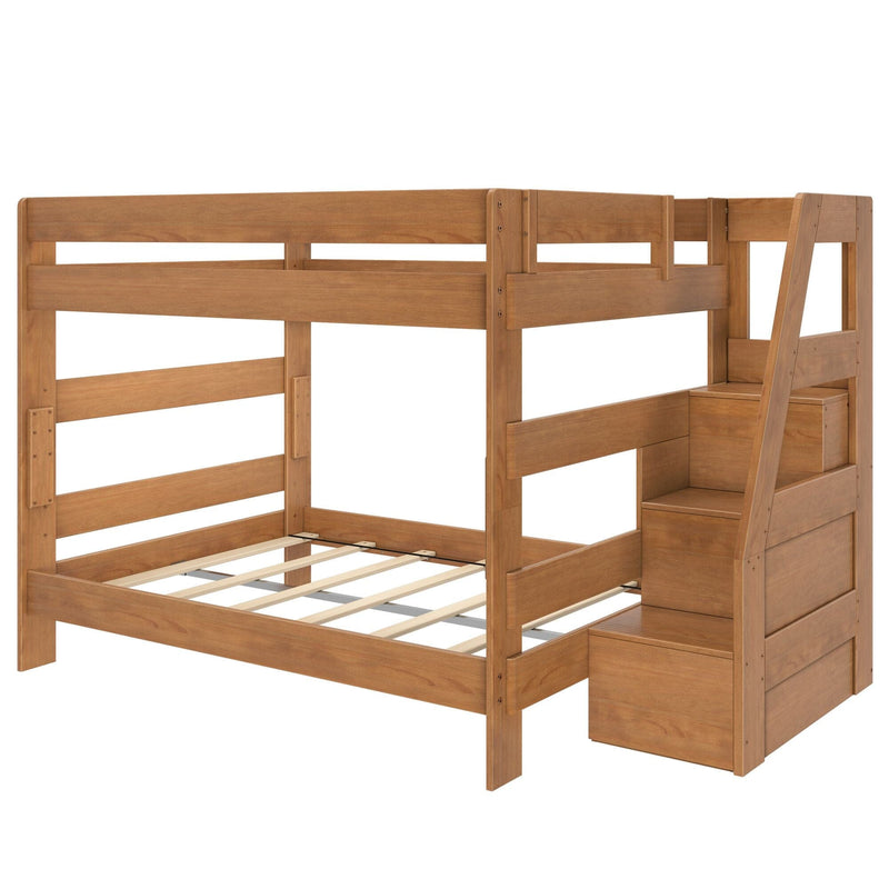 Solid wood bunk bed with built-in staircase drawers, slatted platform and natural oak finish — space-saving bedroom furniture