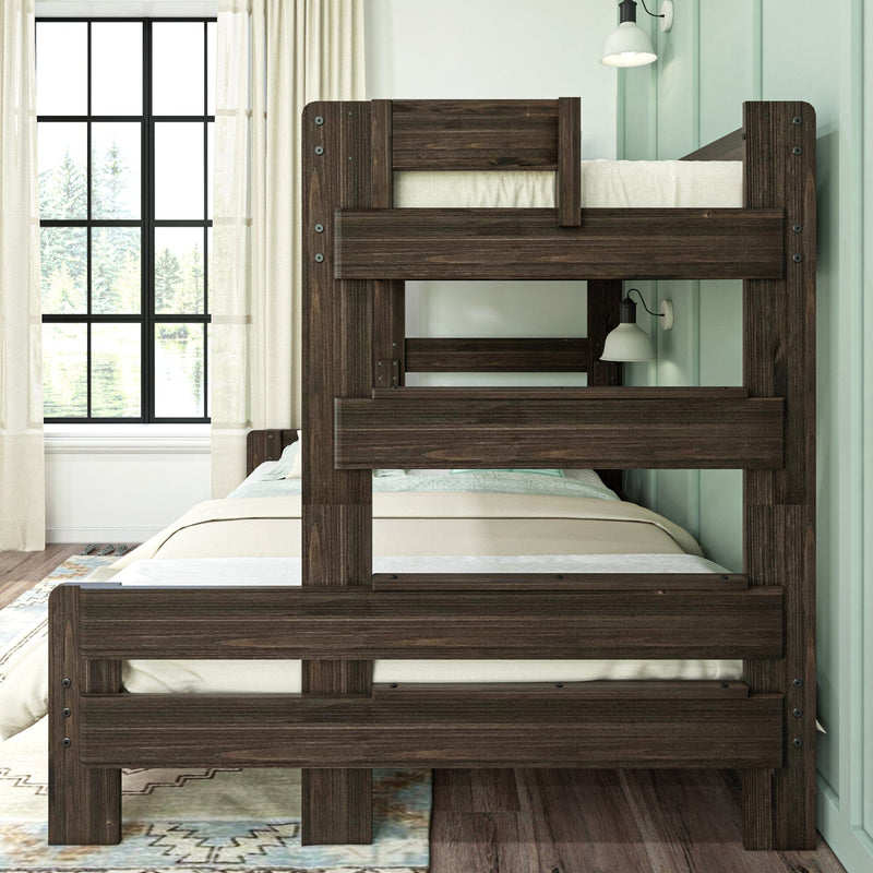 Dark wood twin-over-twin bunk bed in modern farmhouse bedroom with neutral beige bedding, mint green accent wall, white wall sconce and large black-framed window with sheer curtains