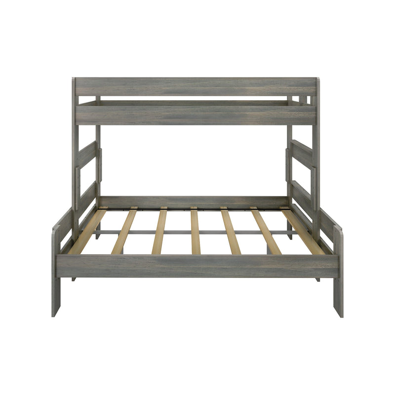 Gray wooden bunk bed frame with slatted mattress supports, top guardrail and ladder-style sides, modern farmhouse space-saving design