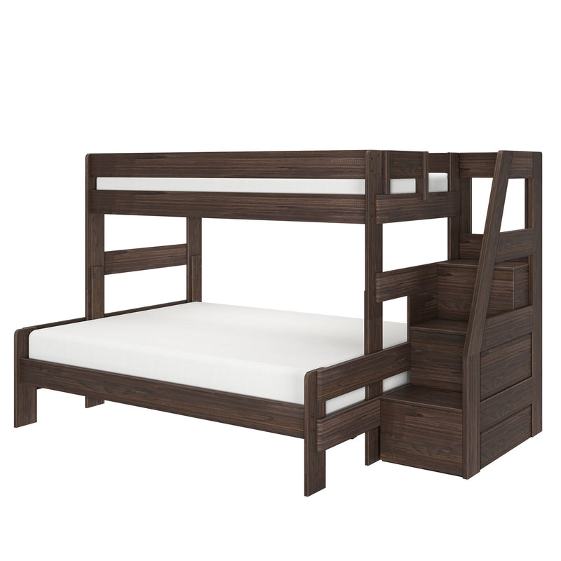 Dark walnut twin-over-full wooden bunk bed with built-in staircase and hidden storage drawers, guardrails and platform base