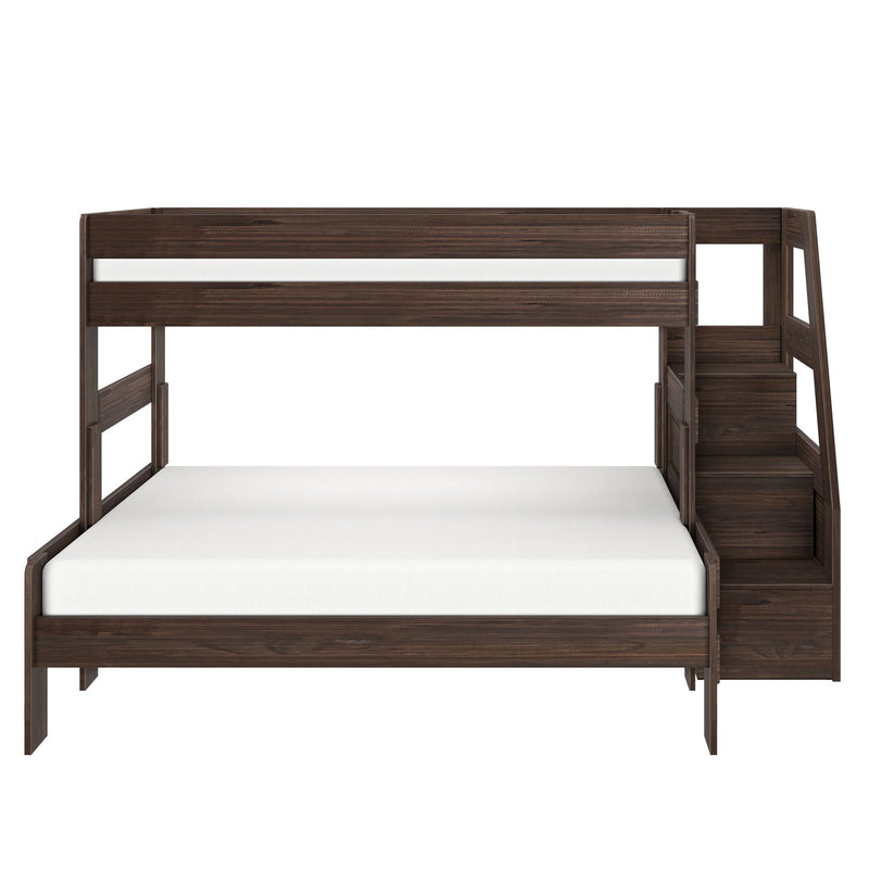 Twin-over-full wooden bunk bed with staircase storage, dark walnut finish, space-saving loft design for kids' bedrooms