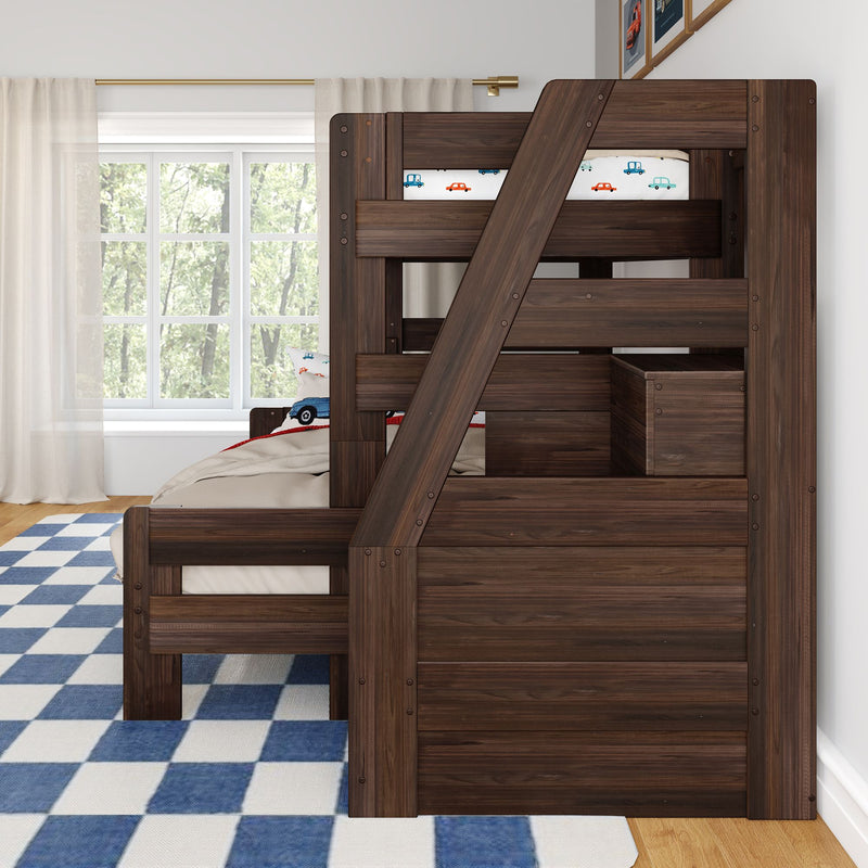 Dark walnut wooden bunk bed with diagonal ladder in a children's bedroom, car-print bedding, blue checkered rug, and sunlit window with sheer curtains