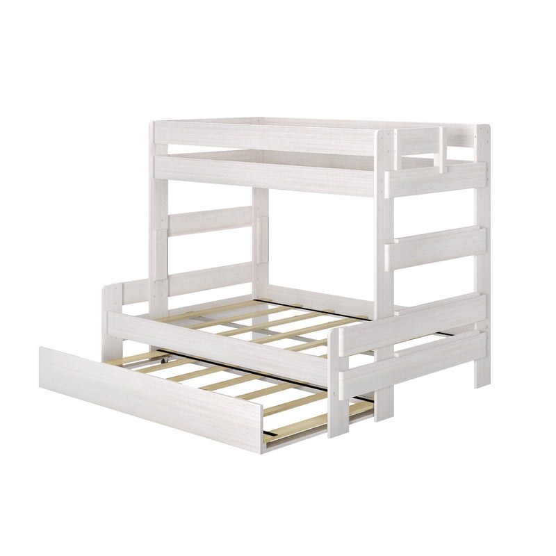 White wooden twin bunk bed with guardrails, integrated ladder and pull-out trundle with slatted mattress supports for kids' bedroom