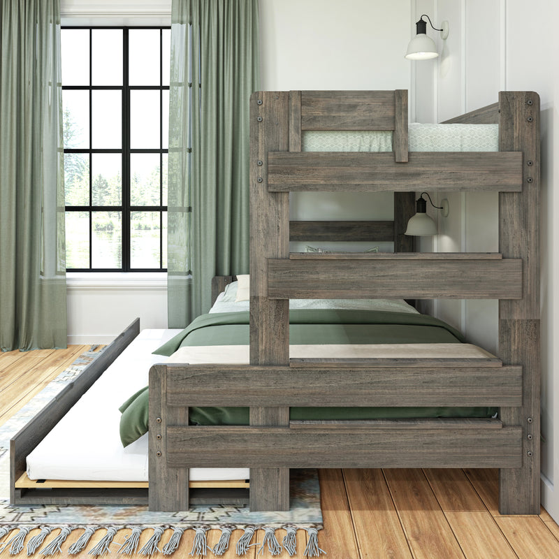 Rustic wood bunk bed with green bedding and curtains in a modern farmhouse bedroom featuring a large black-framed window
