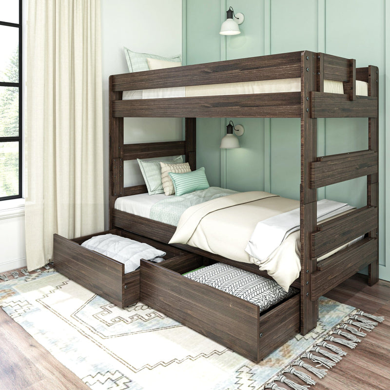 Dark wood bunk bed with pull-out under-bed storage drawers in a mint-green kids' bedroom with soft pillows, bedding, window and white curtains.