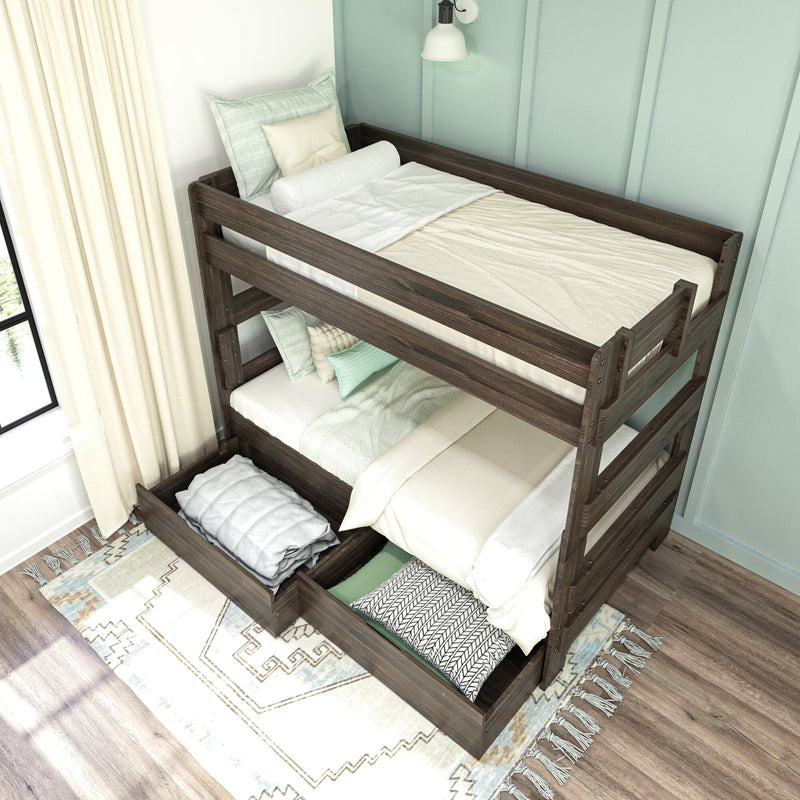 Dark wood twin bunk beds with built-in under-bed storage drawers, neutral bedding and mint accent wall in a modern kids' bedroom