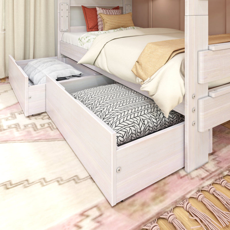 Whitewashed wooden bunk bed with pull-out trundle and under-bed storage drawers, cream neutral bedding and decorative pillows in a cozy bedroom