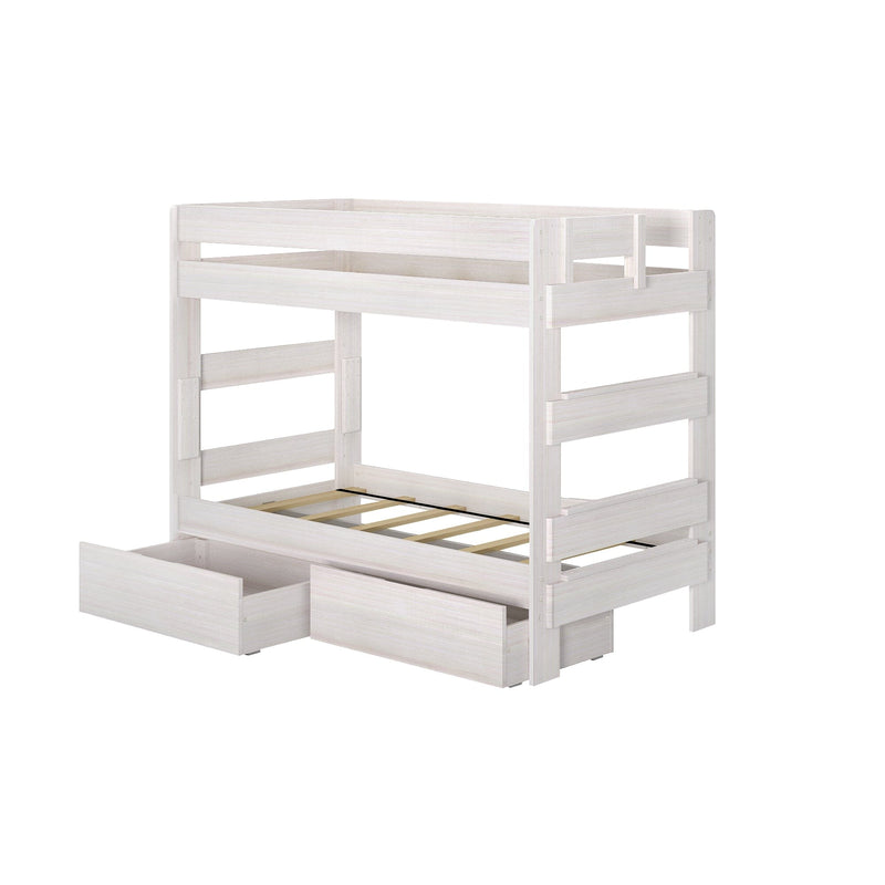 Whitewashed wooden twin loft bed frame with safety rails, slatted mattress base and integrated under-bed storage drawers