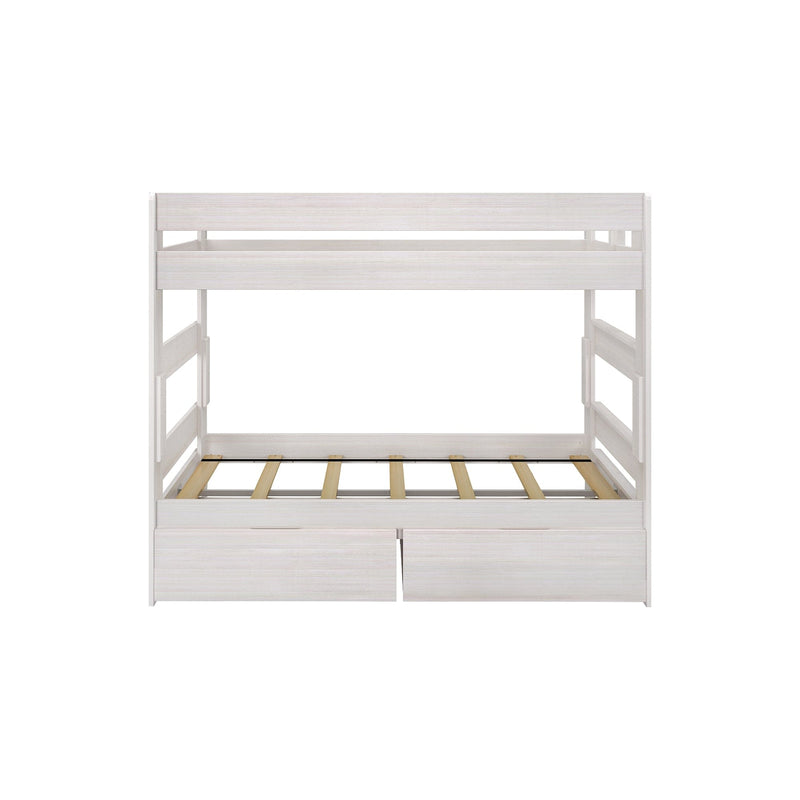 White wooden twin-over-full bunk bed frame with slatted mattress support and built-in under-bed storage drawers, modern kids' loft bed