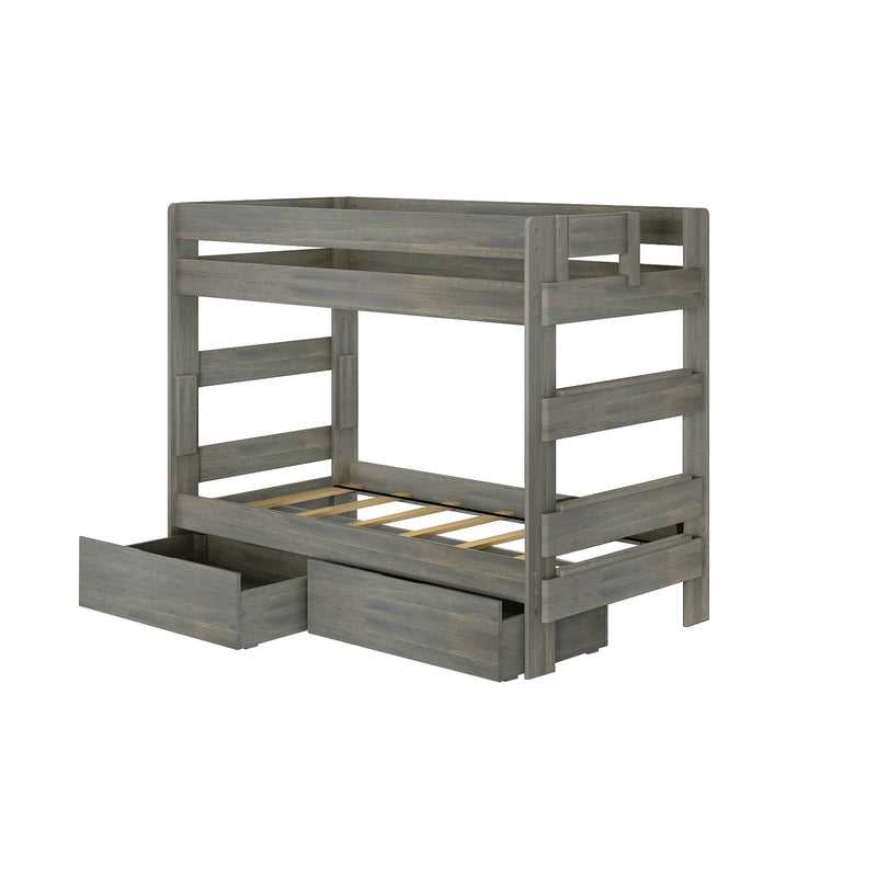 Gray rustic wooden loft bunk bed with guardrails, slatted mattress support and two under-bed storage drawers