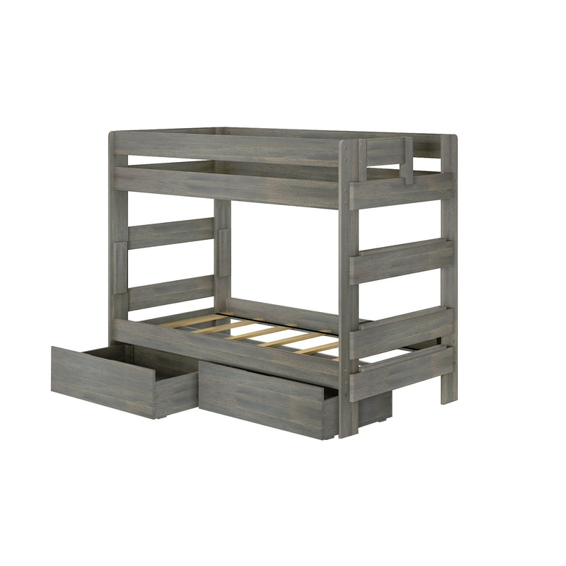 Gray rustic wooden loft bunk bed with guardrails, slatted mattress support and two under-bed storage drawers