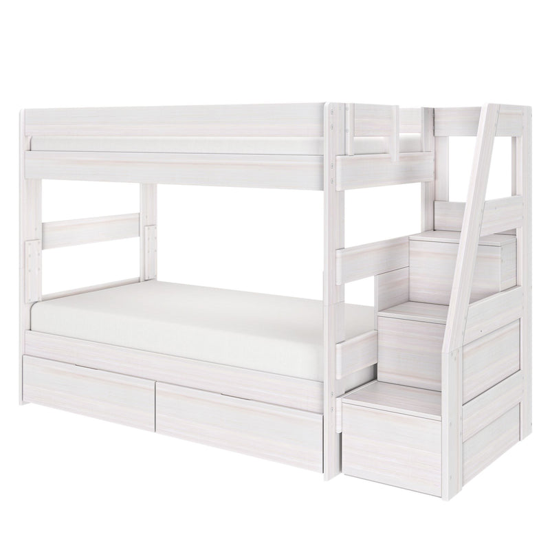 White wooden bunk bed with built-in storage stairs, under-bed drawers and safety rails — space-saving loft bed for kids' bedrooms