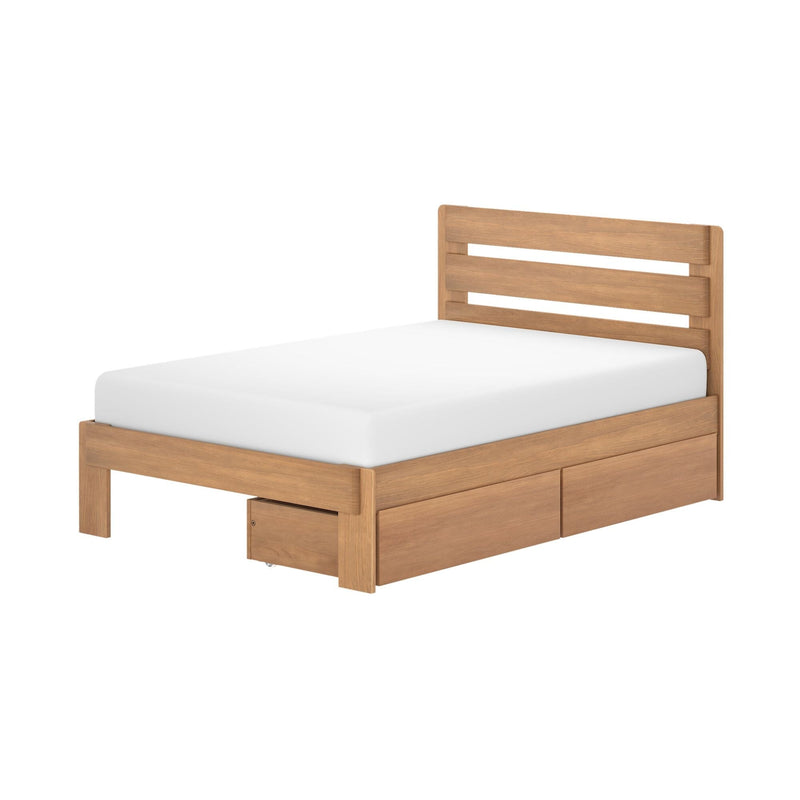 Twin solid wood bed frame in natural oak with slatted headboard, white mattress, and built-in underbed storage drawers