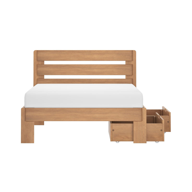 Natural wood platform bed with slatted headboard, white mattress and rolling under-bed storage drawers
