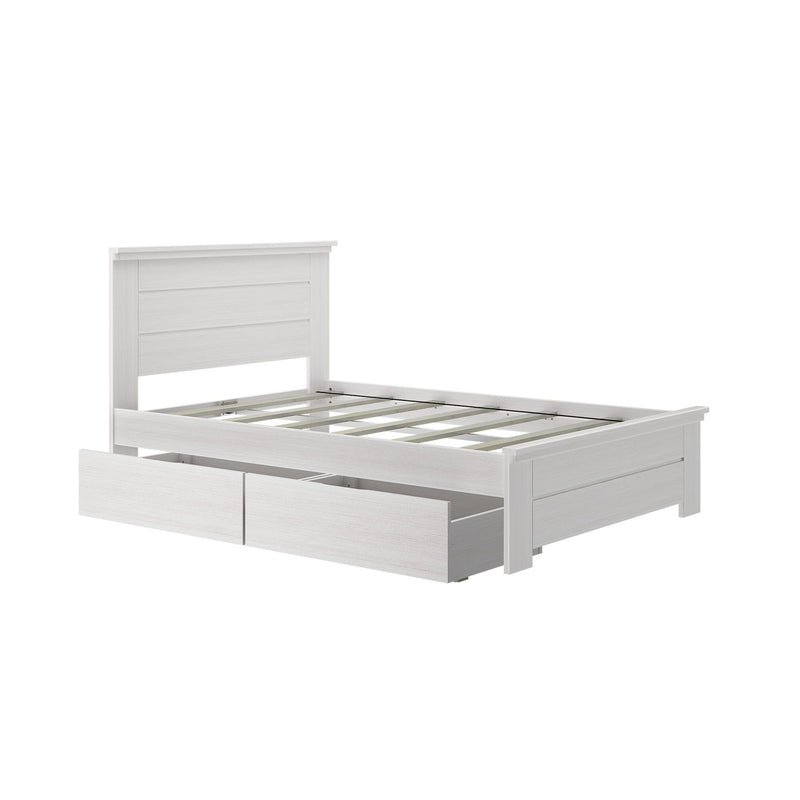 White wooden platform bed frame with headboard, slatted base and two under-bed storage drawers, modern bedroom furniture