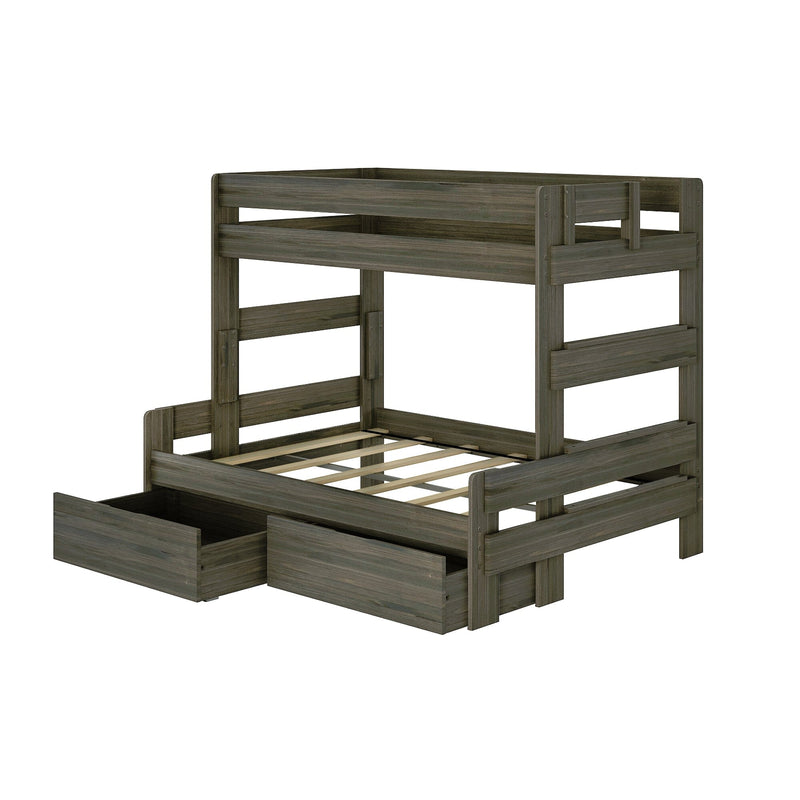 Twin-over-full wooden bunk bed with built-in under-bed storage drawers, slatted mattress supports and safety guardrails in rustic gray finish