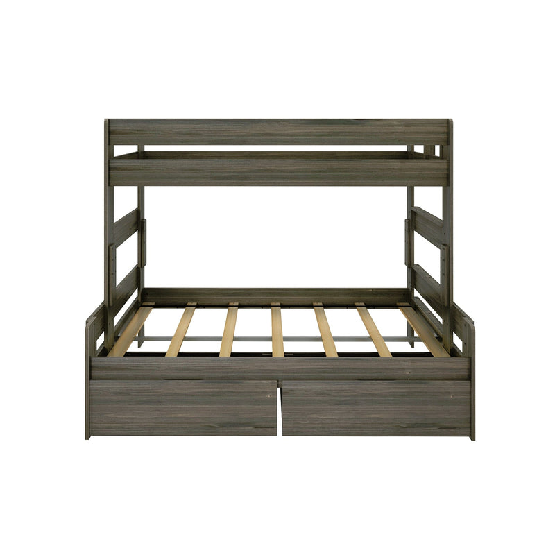 Gray wood twin-over-full loft bunk bed frame with slatted mattress support, guardrails and built-in under-bed storage drawers