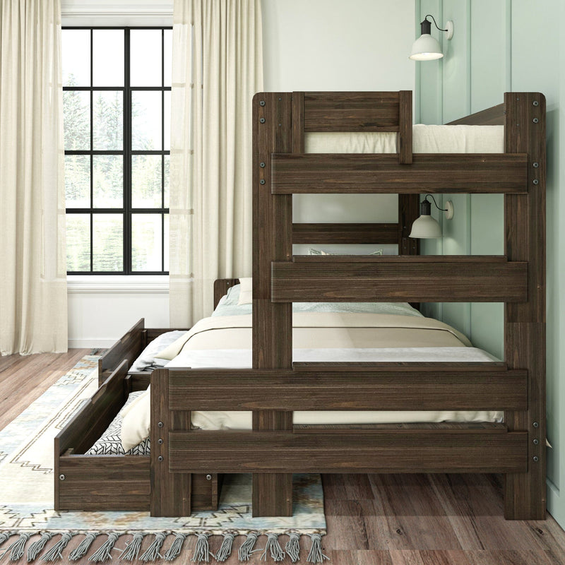 Dark wood twin-over-twin bunk bed with pull-out trundle and storage drawers in bright kids' bedroom with mint-green paneled wall, cream curtains and large black-framed window