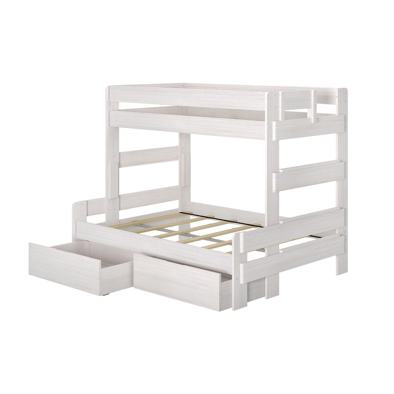 White wooden loft bunk bed with guardrails, ladder, slatted mattress support and pull-out storage drawers — space-saving kids' bedroom furniture